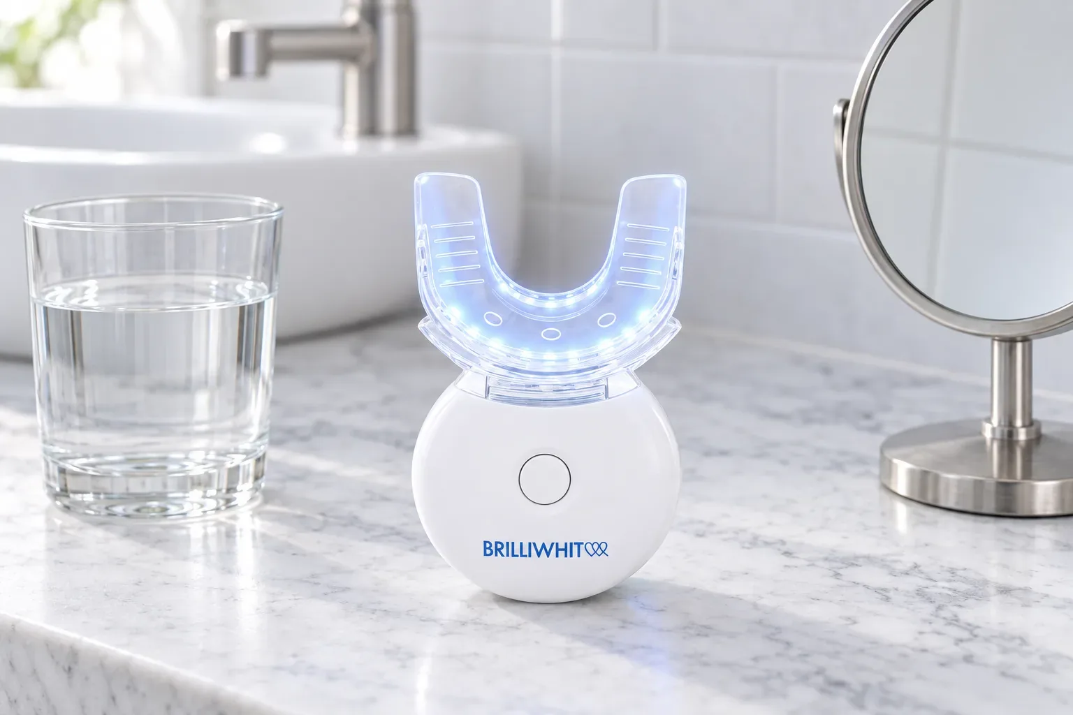 The BrilliWhite mouthpiece lit on a marble counter