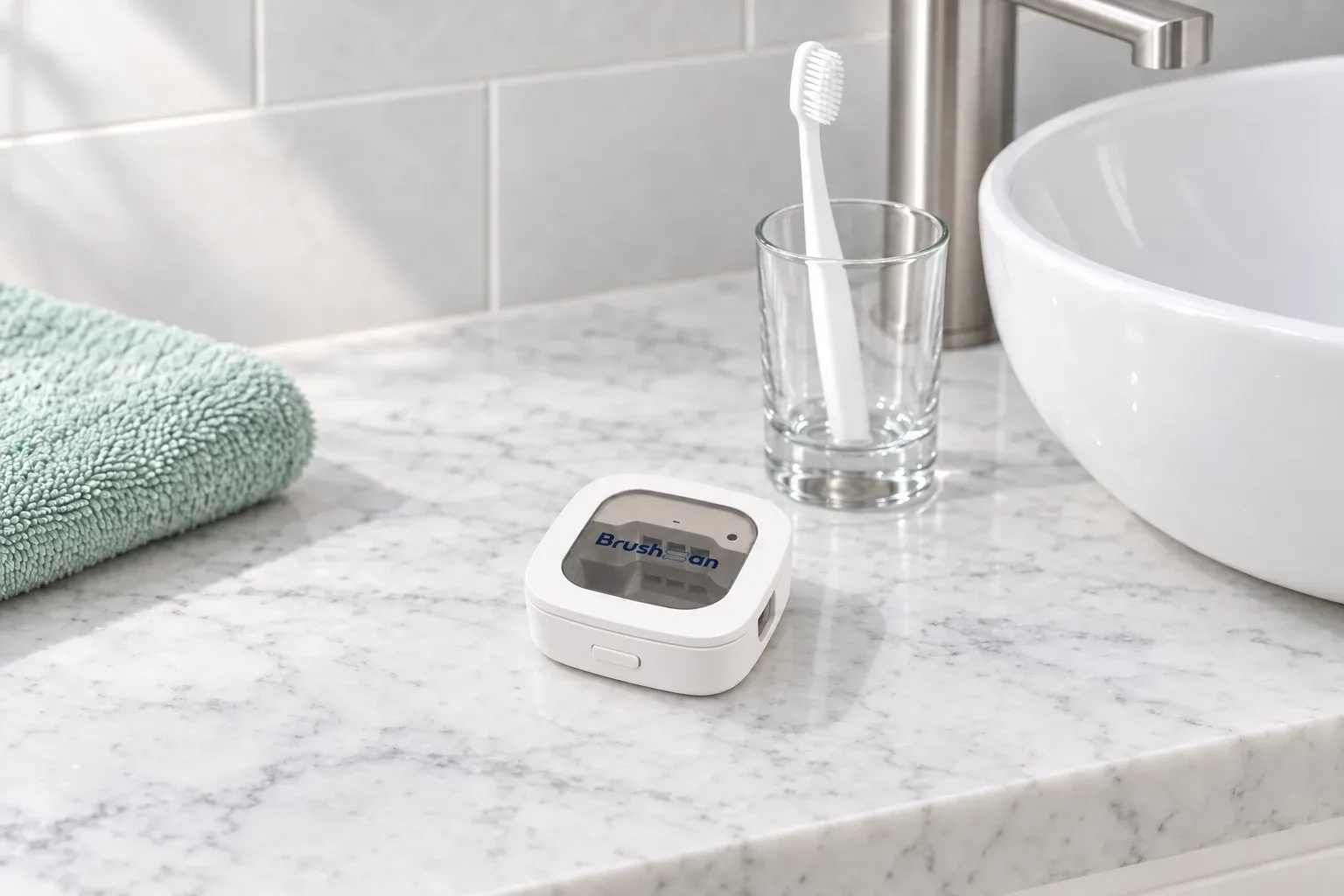 The BrushSan toothbrush sanitiser beside a toothbrush in a glass on a bathroom shelf