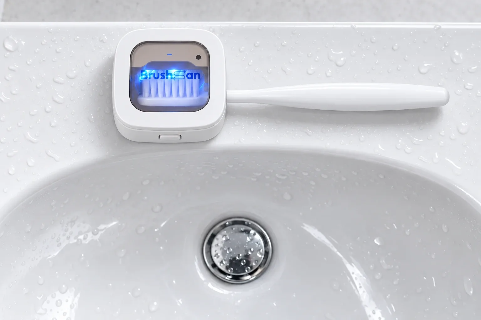 The BrushSan on a wet basin rim with an electric toothbrush head inside, seen from above