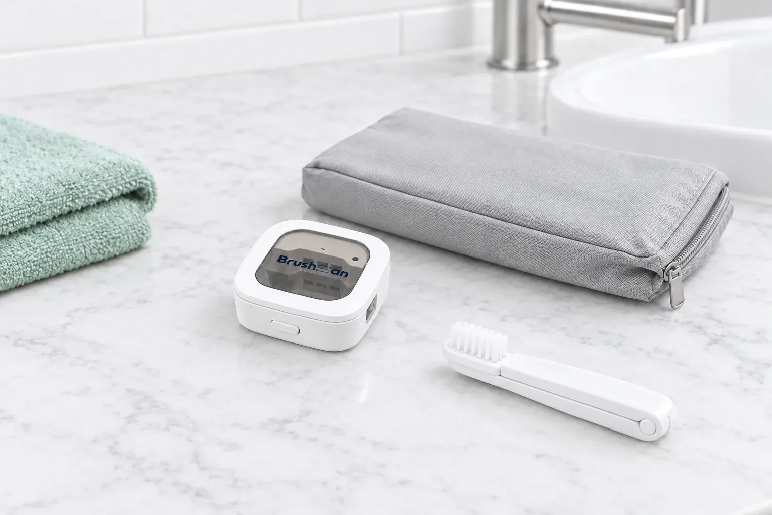 The BrushSan beside a toiletry pouch and a travel toothbrush on a marble counter