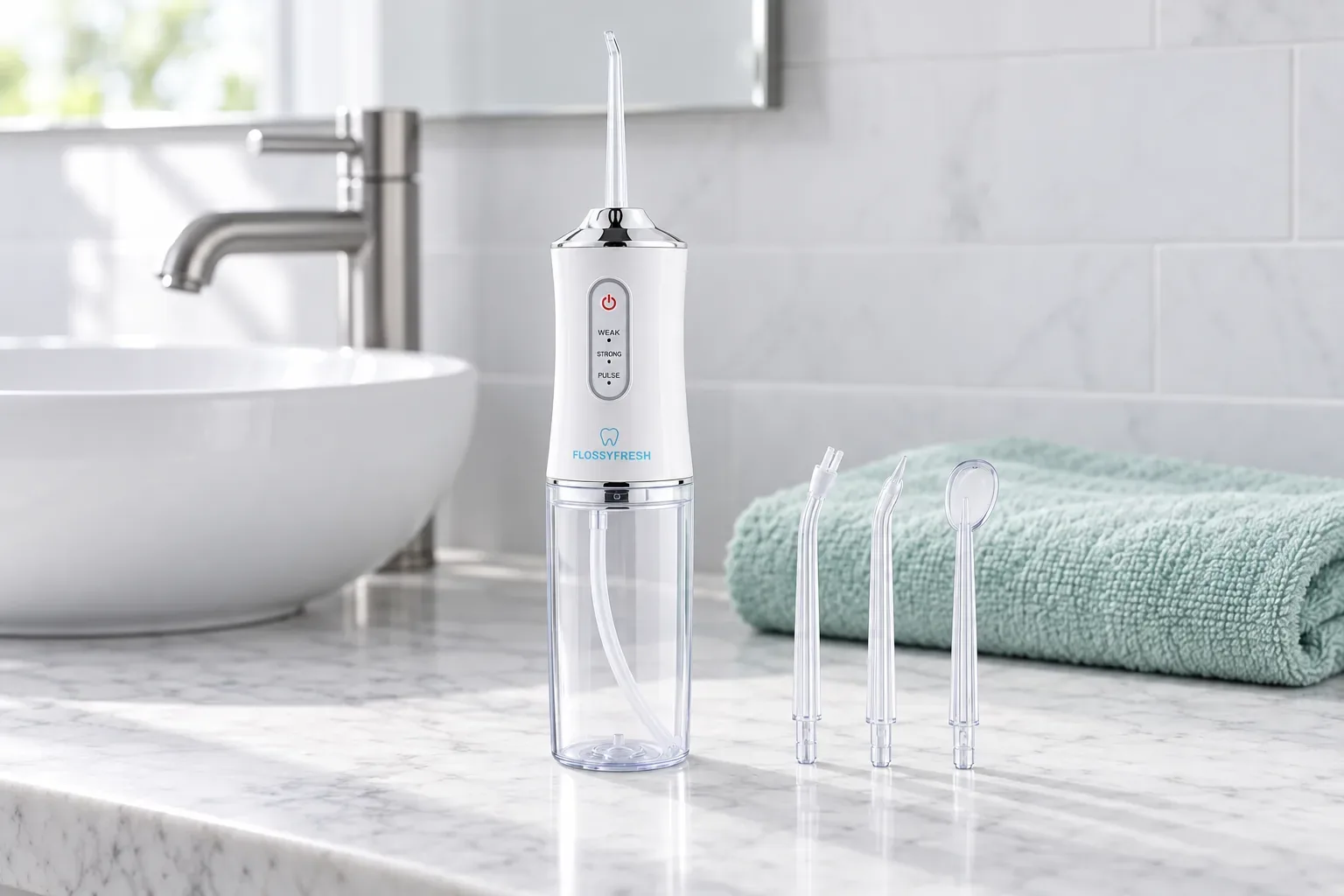 The FlossyFresh water flosser with its four nozzles on a marble counter