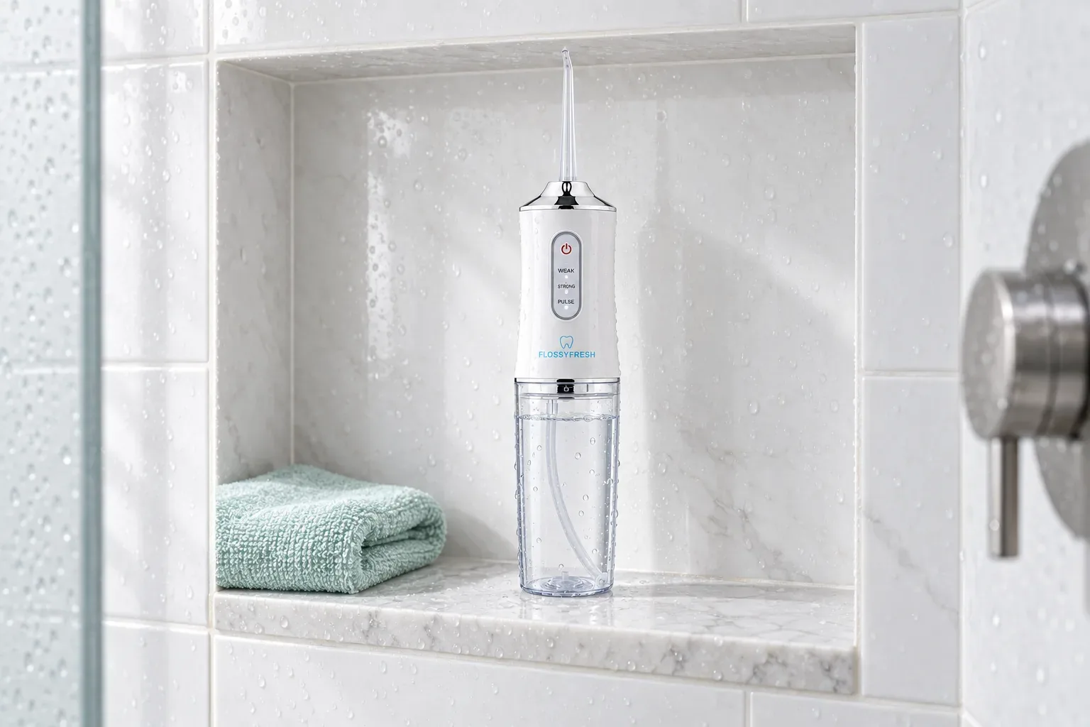 The FlossyFresh water flosser standing wet in a tiled shower niche